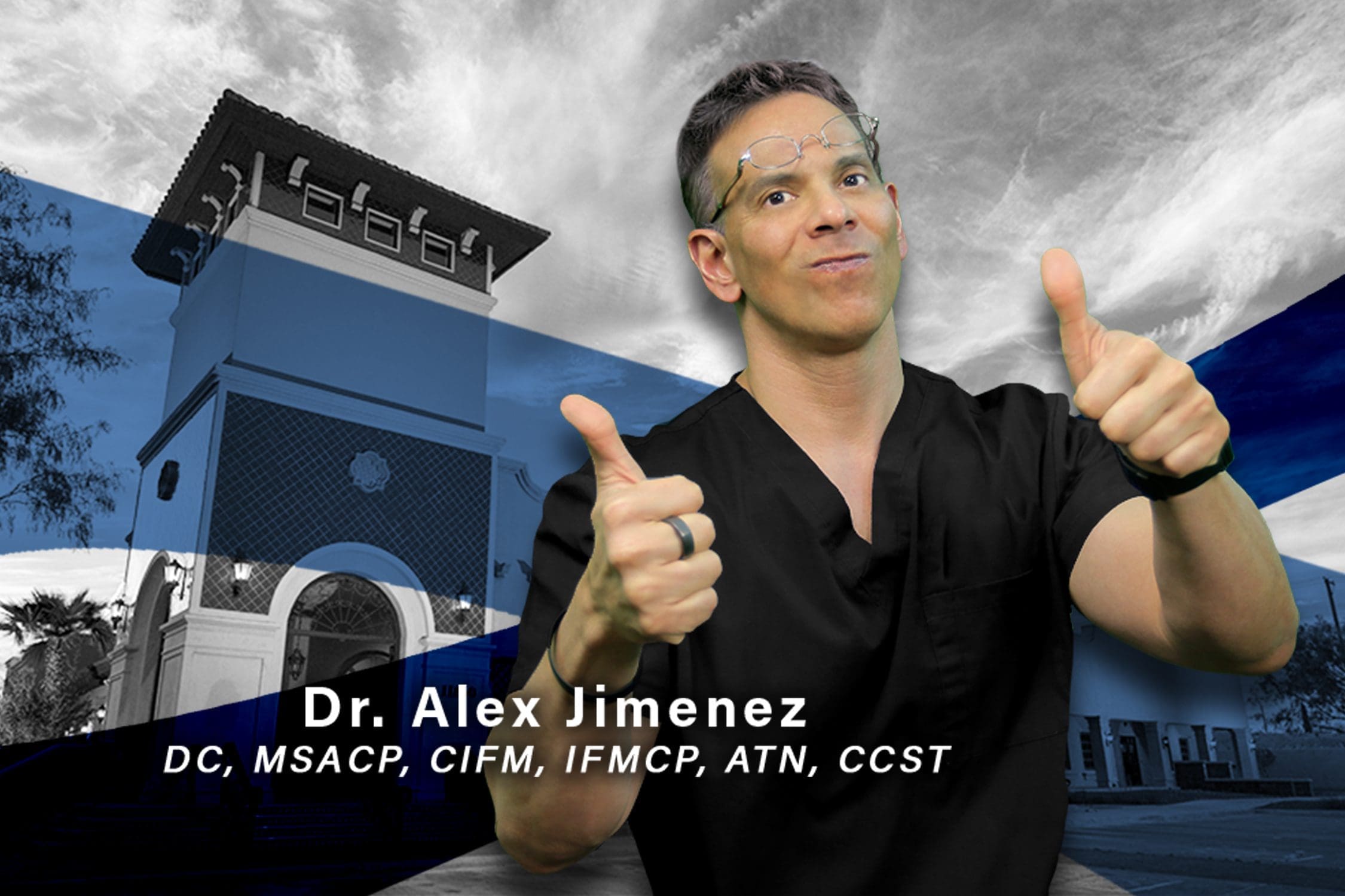 Image of Dr. Alex Jimenez with thumbs up standing in front of his office clinic.